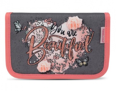 Tolltartó, klapnis, cipzáras, BELMIL "Bloomy Blossom", szürke-rózsaszín, szív