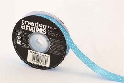 Szatén szalag, 15 mm x 22 m, világos kék fehér pöttyökkel