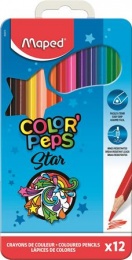 Színes ceruza készlet, háromszögletű, fém doboz, MAPED "Color`Peps Star", 12 különböző szín